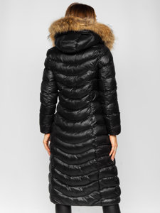 Women's Longline Quilted Winter Coat Jacket with Natural Fur Black Bolf M699