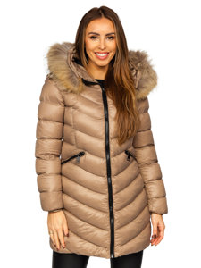 Women's Longline Quilted Winter Coat Jacket with Natural Fur Brown Bolf M688