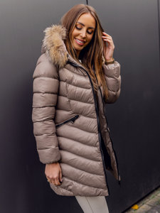 Women's Longline Quilted Winter Coat Jacket with Natural Fur Brown Bolf M688