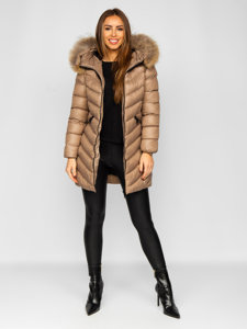 Women's Longline Quilted Winter Coat Jacket with Natural Fur Brown Bolf M688