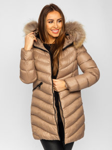 Women's Longline Quilted Winter Coat Jacket with Natural Fur Brown Bolf M688