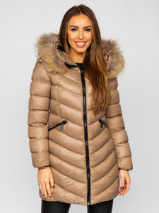 Women's Longline Quilted Winter Coat Jacket with Natural Fur Brown Bolf M688