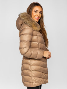 Women's Longline Quilted Winter Coat Jacket with Natural Fur Brown Bolf M688