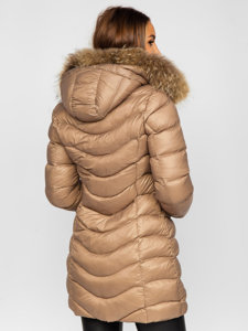 Women's Longline Quilted Winter Coat Jacket with Natural Fur Brown Bolf M688