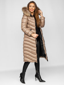 Women's Longline Quilted Winter Coat Jacket with Natural Fur Brown Bolf M699