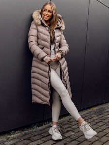 Women's Longline Quilted Winter Coat Jacket with Natural Fur Brown Bolf M699