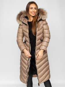 Women's Longline Quilted Winter Coat Jacket with Natural Fur Brown Bolf M699