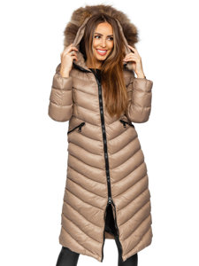 Women's Longline Quilted Winter Coat Jacket with Natural Fur Brown Bolf M699