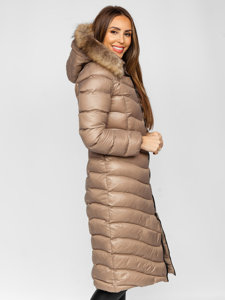 Women's Longline Quilted Winter Coat Jacket with Natural Fur Brown Bolf M699