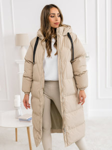 Women's Longline Quilted Winter Coat Jacket with hood Beige Bolf 5M3163