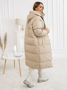 Women's Longline Quilted Winter Coat Jacket with hood Beige Bolf 5M3163