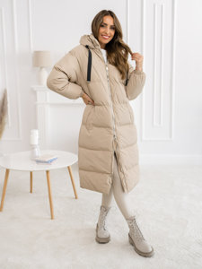 Women's Longline Quilted Winter Coat Jacket with hood Beige Bolf 5M3163