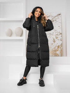 Women's Longline Quilted Winter Coat Jacket with hood Black Bolf 5M3163