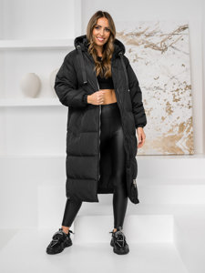 Women's Longline Quilted Winter Coat Jacket with hood Black Bolf 5M3163