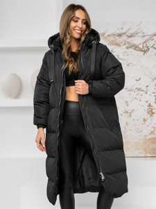 Women's Longline Quilted Winter Coat Jacket with hood Black Bolf 5M3163