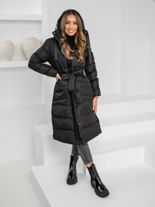 Women's Longline Quilted Winter Coat Jacket with hood Black Bolf 5M3178