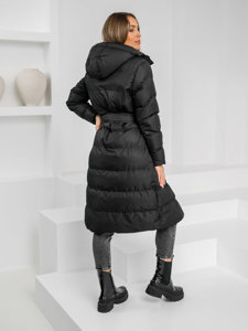 Women's Longline Quilted Winter Coat Jacket with hood Black Bolf 5M3178