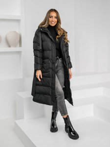 Women's Longline Quilted Winter Coat Jacket with hood Black Bolf 5M3178