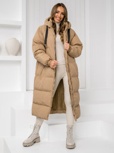 Women's Longline Quilted Winter Coat Jacket with hood Camel Bolf 5M3163