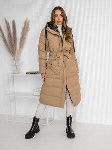 Women's Longline Quilted Winter Coat Jacket with hood Camel Bolf 5M3178