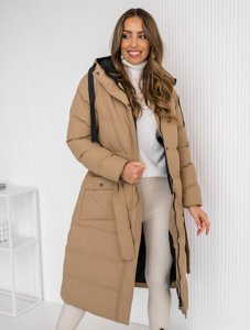 Women's Longline Quilted Winter Coat Jacket with hood Camel Bolf 5M3178