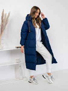 Women's Longline Quilted Winter Coat Jacket with hood Navy Blue Bolf 5M3163