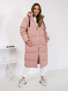 Women's Longline Quilted Winter Coat Jacket with hood Pink Bolf 5M3163