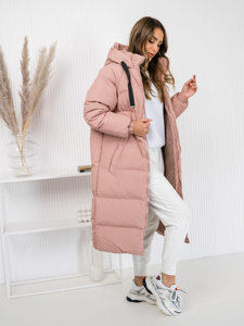 Women's Longline Quilted Winter Coat Jacket with hood Pink Bolf 5M3163