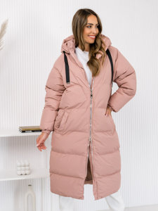 Women's Longline Quilted Winter Coat Jacket with hood Pink Bolf 5M3163