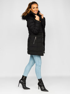 Women's Longline Quilted Winter Jacket Black Bolf 16M9061