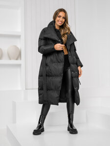 Women's Longline Quilted Winter Jacket Black Bolf 5M737