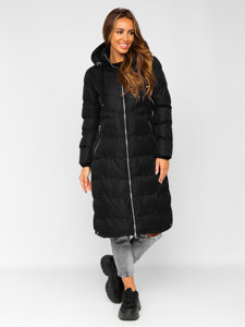 Women's Longline Quilted Winter Jacket with Hood Black Bolf 5M736