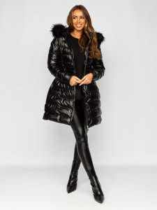 Women's Longline Quilted Winter Jacket with Hood Black Bolf 5M777