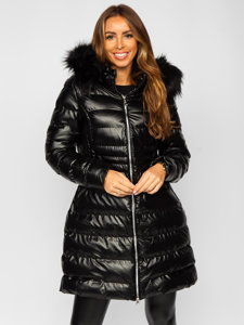 Women's Longline Quilted Winter Jacket with Hood Black Bolf 5M777