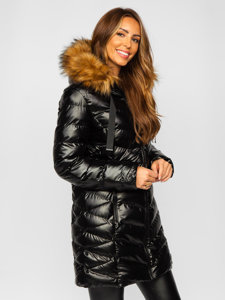 Women's Longline Quilted Winter Jacket with Hood Black Bolf 5M778