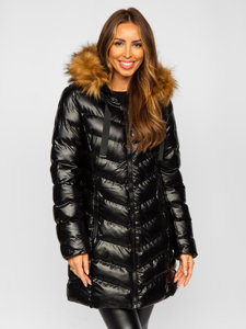 Women's Longline Quilted Winter Jacket with Hood Black Bolf 5M778