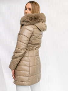 Women’s Longline Quilted Winter Jacket with hood Beige Bolf 16M9120