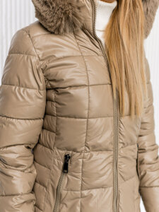 Women’s Longline Quilted Winter Jacket with hood Beige Bolf 16M9120