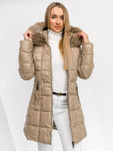 Women’s Longline Quilted Winter Jacket with hood Beige Bolf 16M9120