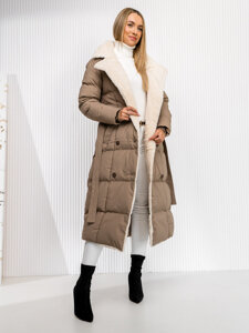 Women’s Longline Quilted Winter Jacket with hood Beige Bolf 16M9168