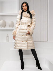 Women's Longline Quilted Winter Jacket with hood Beige Bolf 5M3160