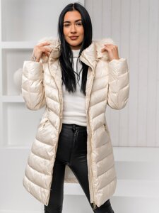 Women's Longline Quilted Winter Jacket with hood Beige Bolf 5M3162