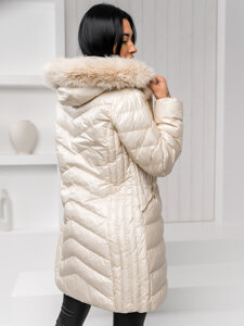 Women's Longline Quilted Winter Jacket with hood Beige Bolf 5M3162