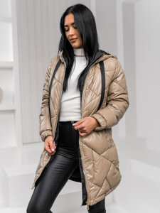 Women's Longline Quilted Winter Jacket with hood Beige Bolf 5M3189