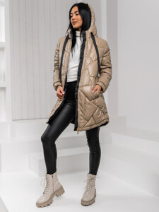 Women's Longline Quilted Winter Jacket with hood Beige Bolf 5M3189