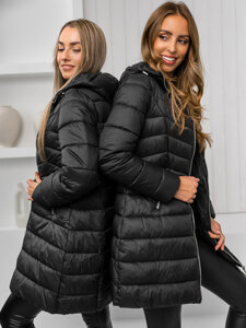 Women's Longline Quilted Winter Jacket with hood Black Bolf 11Z8083A