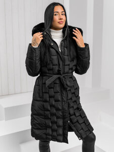 Women’s Longline Quilted Winter Jacket with hood Black Bolf 11Z8179