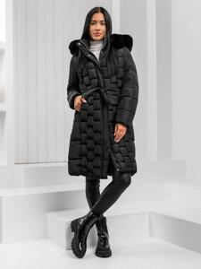 Women’s Longline Quilted Winter Jacket with hood Black Bolf 11Z8179