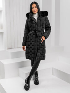 Women’s Longline Quilted Winter Jacket with hood Black Bolf 11Z8179