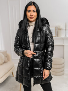 Women's Longline Quilted Winter Jacket with hood Black Bolf 16M9120